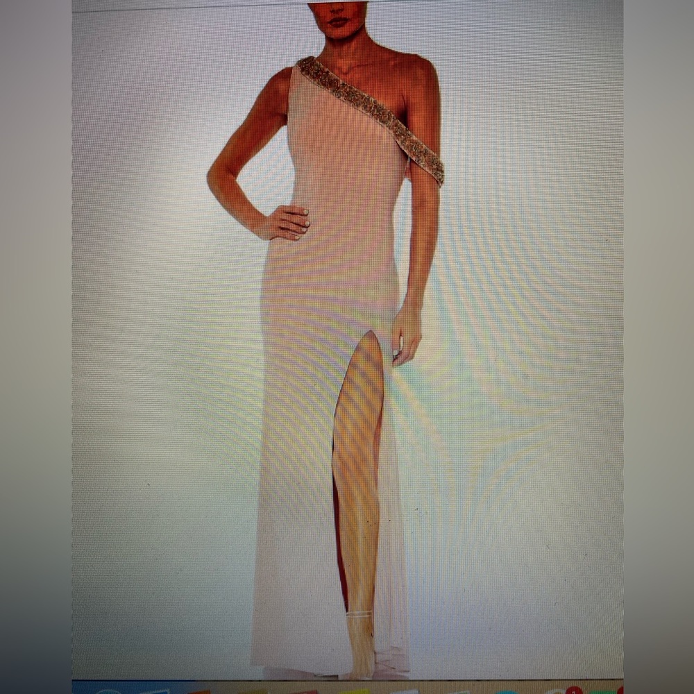 MacDuggal Beaded Drop Shoulder Jersey Gown